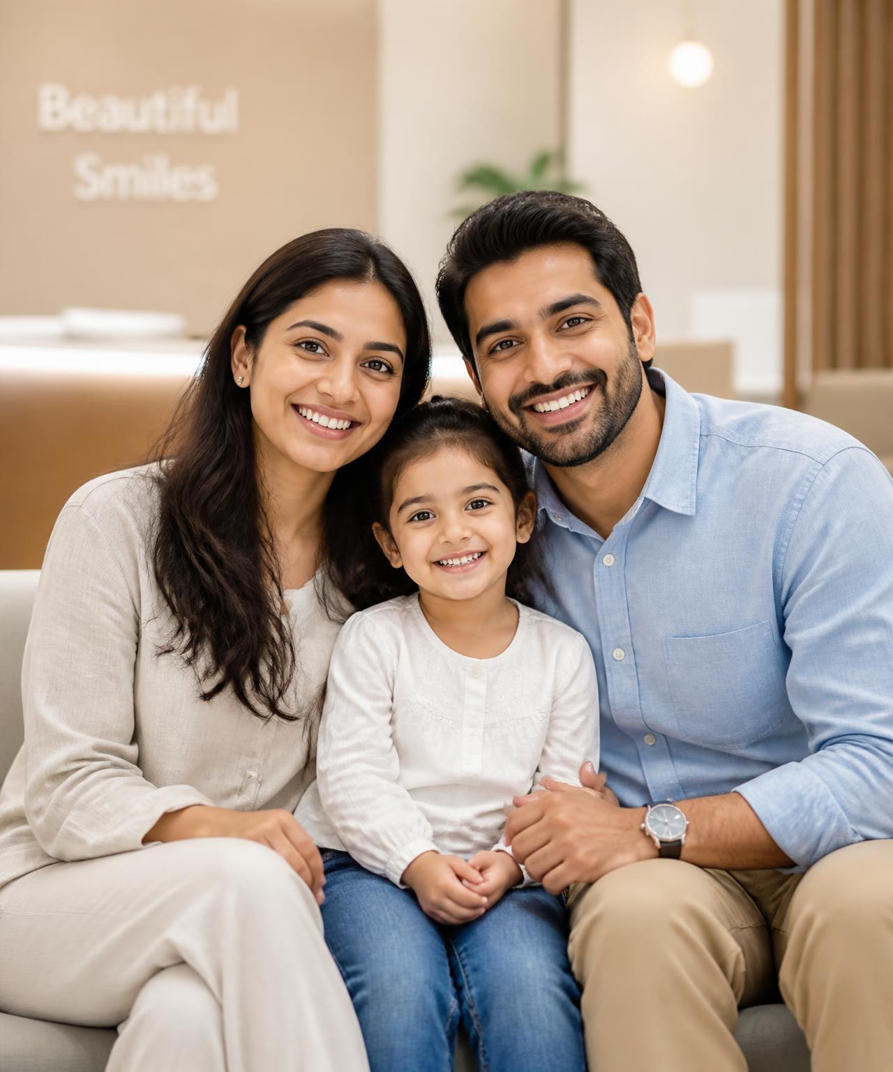 Family with a young child at the dental clinic