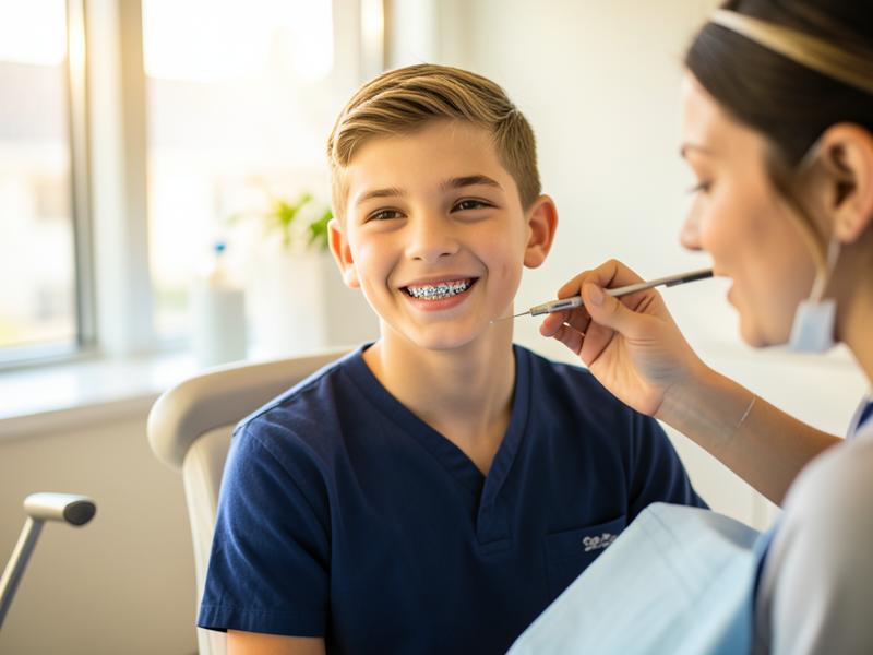 Young patient with dental braces at an orthodontic check-up